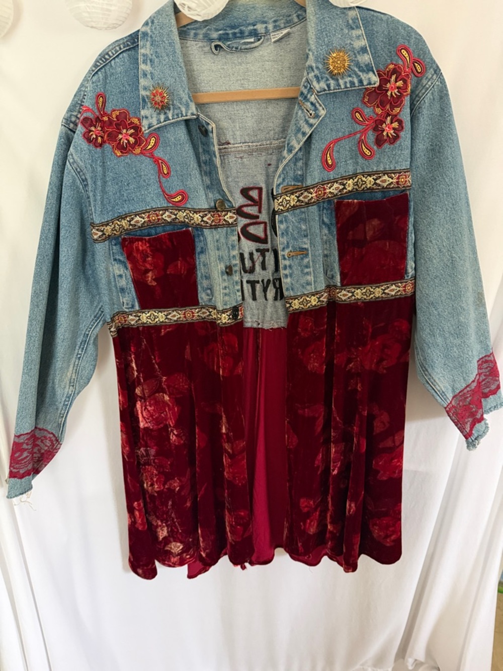 Boho Embroidered Denim and Velvet Jean Jacket - Red/Blue